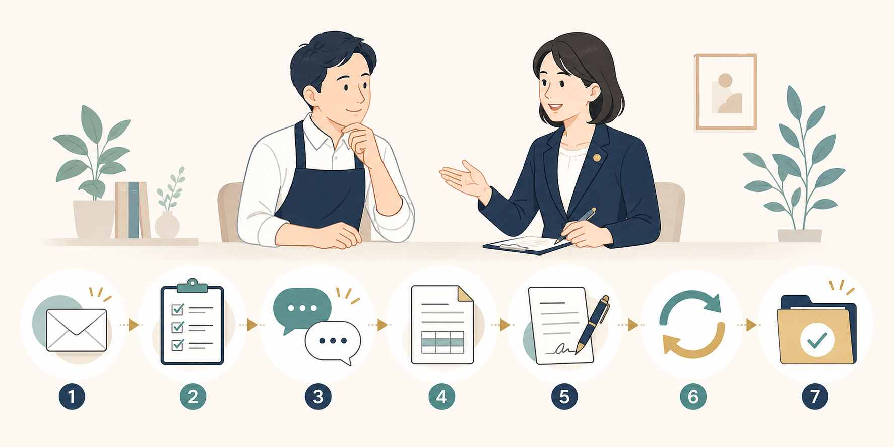 お問い合わせから納品までの7つのステップを表したイラスト